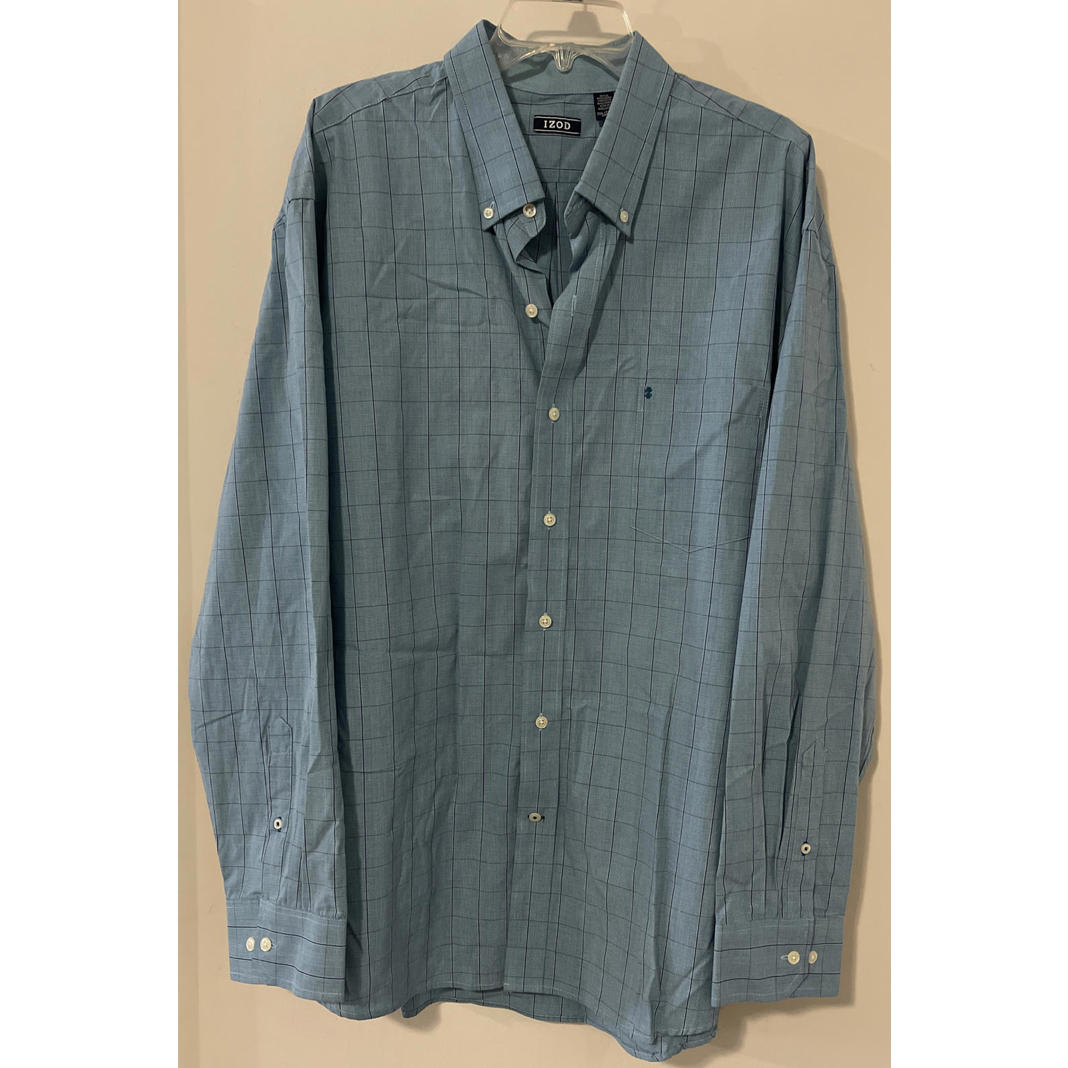 Izod Mens 2xl Blue Plaid Full-Button Long-Sleeved Cotton Shirt! A4802